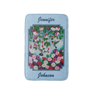Flower Garden and Hummingbirds Blue Bath Mat