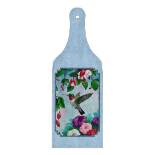 Flower Garden and Hummingbirds Blue Cutting Board