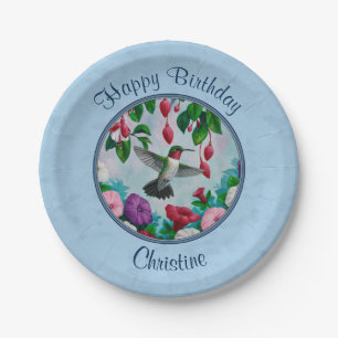 Flower Garden and Hummingbirds Blue Paper Plate