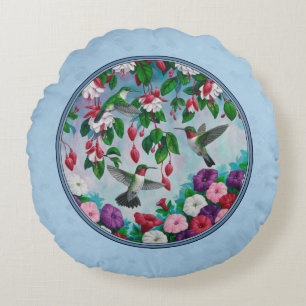 Flower Garden and Hummingbirds Blue Round Cushion