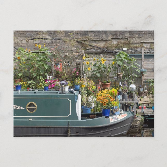 Flower garden and narrow boat postcard (Front)