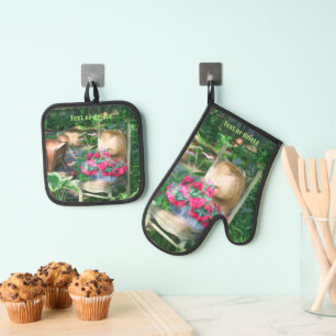 Flower Garden Antique Chair Personalised Oven Mitt & Pot Holder Set