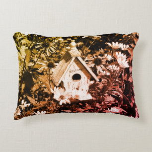Flower Garden Bird House Black And White Vintage  Decorative Cushion