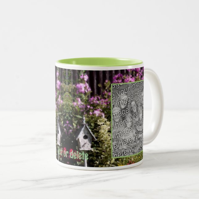 Flower Garden Bird House Painting Add Your Photo Two-Tone Coffee Mug (Front Right)
