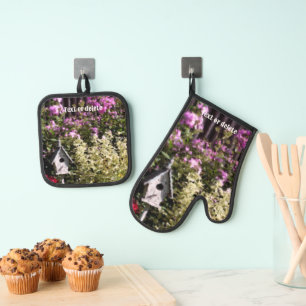 Flower Garden Birdhouse Art Personalised Oven Mitt & Pot Holder Set