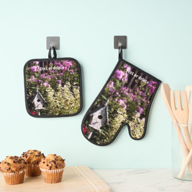 Flower Garden Birdhouse Art Personalised Oven Mitt & Pot Holder Set (Insitu(Hanging))