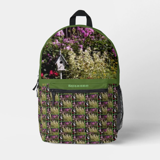 Flower Garden Birdhouse Art Personalised Printed Backpack (Front)