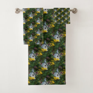 Flower Garden Birdhouse Nature Art Pattern Bath Towel Set