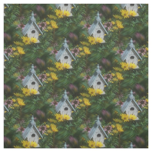 Flower Garden Birdhouse Nature Art Pattern Fabric (Swatch)