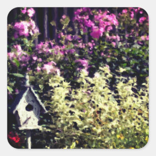 Flower Garden Birdhouse Pastel Painting  Square Sticker