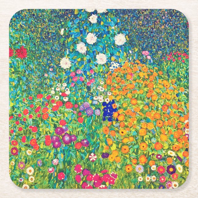 Flower Garden, Gustav Klimt Square Paper Coaster (Front)