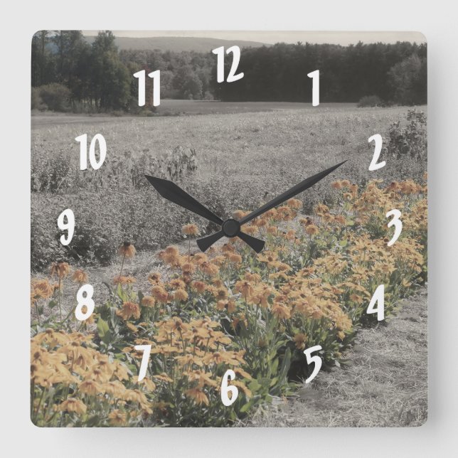 Flower Garden In Black White Square Wall Clock (Front)
