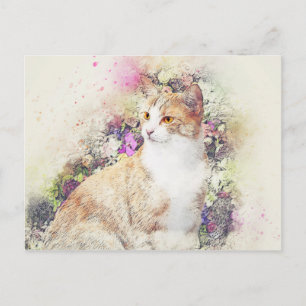 Flower Garden Kitty   Abstract   Watercolor Postcard