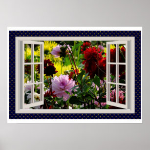 Flower Garden, Open Window, Dahlias Poster