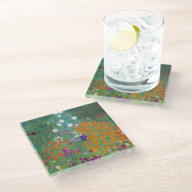Flower Garden Painting Gustav Klimt Glass Coaster (Angled)