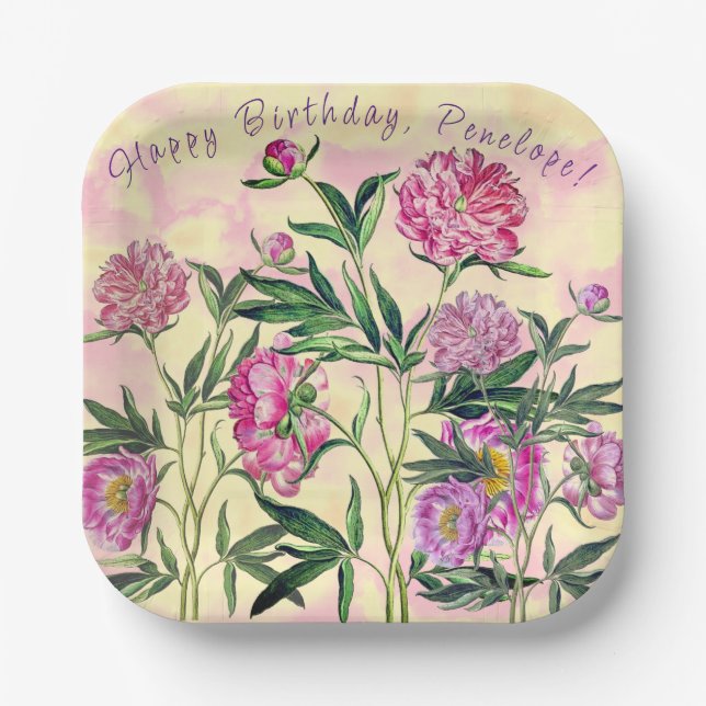 Flower Garden Peonies Happy Birthday Personlized Paper Plate (Front)