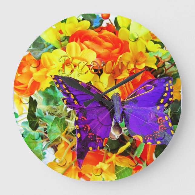 Flower Garden Purple Butterfly Wall Clock (Front)