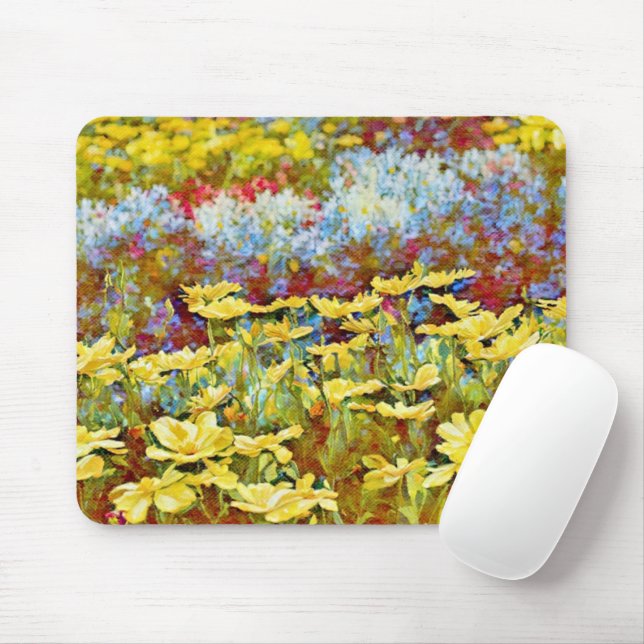 Flower Garden Rows Yellow Blue Art Mouse Pad (With Mouse)