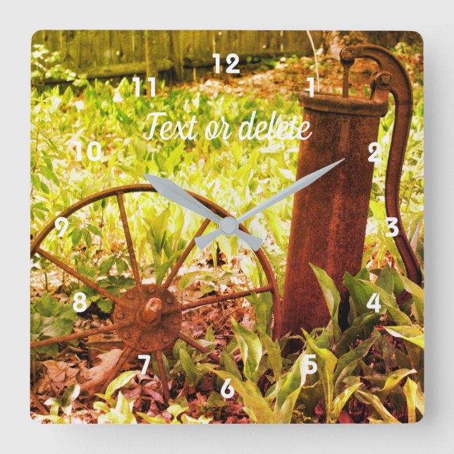 Flower Garden Rusty Wheel And Pump Abstract Square Wall Clock (Front)