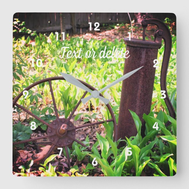 Flower Garden Rusty Wheel And Pump Personalised Square Wall Clock (Front)
