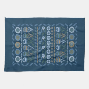 Flower garden Tea Towel, dark & light blues, brown Towel