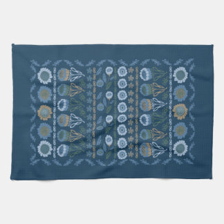 Flower garden Tea Towel, dark & light blues, brown Towel