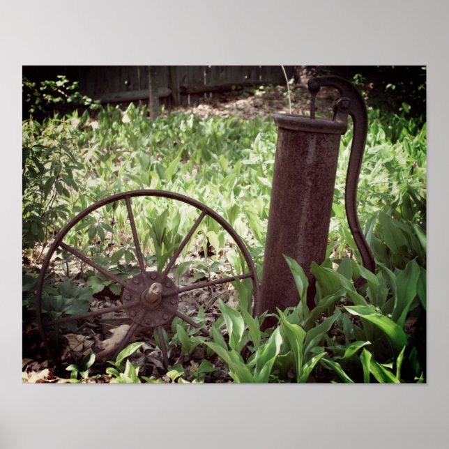Flower Garden Vintage Rusty Wheel And Pump  Poster (Front)