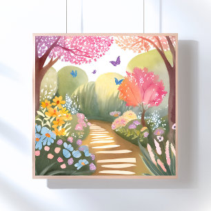 Flower Garden Whimsical Watercolor Painting Poster