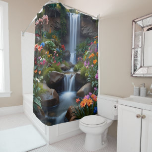 Flower Garden with tree blooms and butterflies Shower Curtain