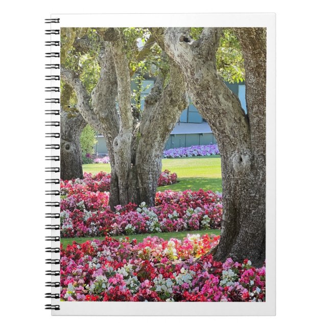 Flower garden with trees photo spiral notebook (Front)