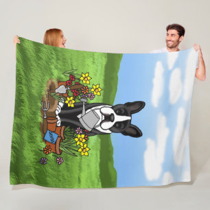 Flower Gardener Boston Terrier (black) Cute Dog Fleece Blanket