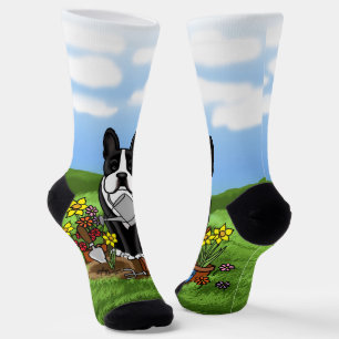 Flower Gardener Boston Terrier (black) Cute Dog Socks
