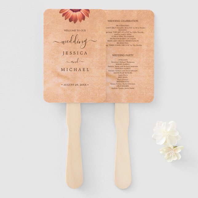 Flower Gerbera on Abstract peach Wedding Hand Fan (Front and Back)