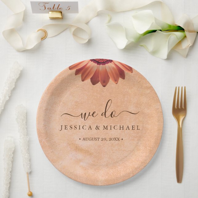Flower Gerbera on Abstract peach Wedding Paper Plate (Wedding)
