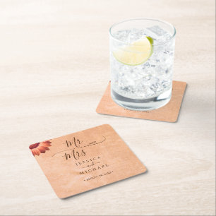 Flower Gerbera on Abstract peach Wedding Square Paper Coaster