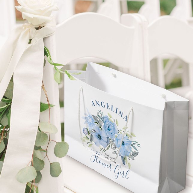Flower Girl Blue Peony Floral Wedding Thank You Large Gift Bag (Flower Girl Gift Bag with personalized thank you)
