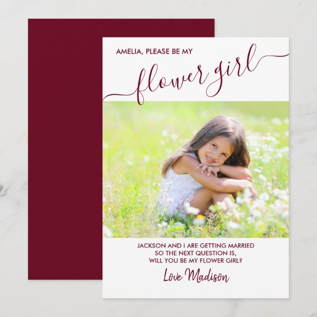 Flower Girl Burgundy and White Photo Proposal Card (Front/Back)