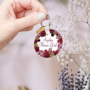 Flower Girl Burgundy Floral Wedding Favour Keychai Key Ring