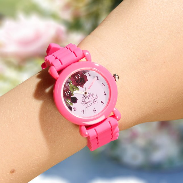 Flower Girl Burgundy Floral Wedding Watch (Pretty watch for your Flower Girl or Junior Bridesmaid. Just add their name and your wedding date)