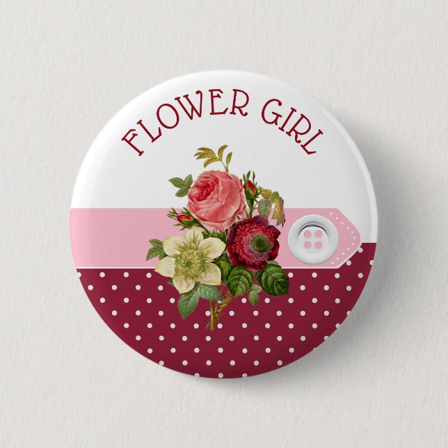 Flower Girl Burgundy Roses Wedding Button (Front)