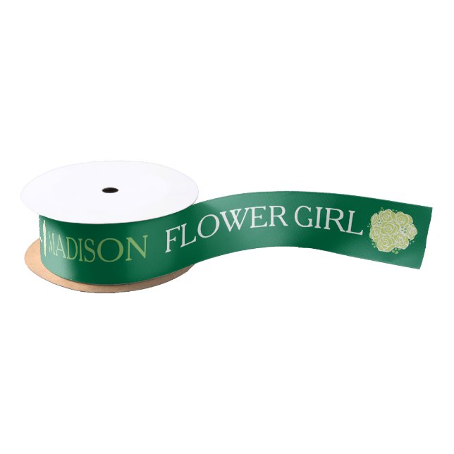 Flower girl custom text green white roses satin ribbon (Spool)