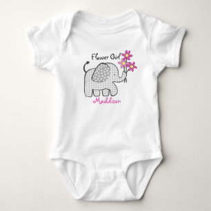 Flower Girl Elephant with Pink Flowers Baby Bodysuit