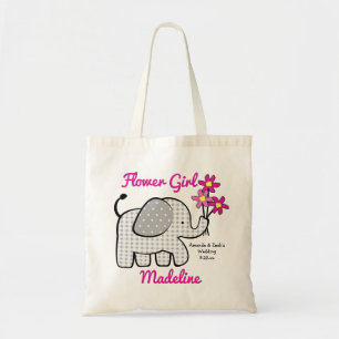 Flower Girl Gingham Elephant with Bouquet Pink Tote Bag