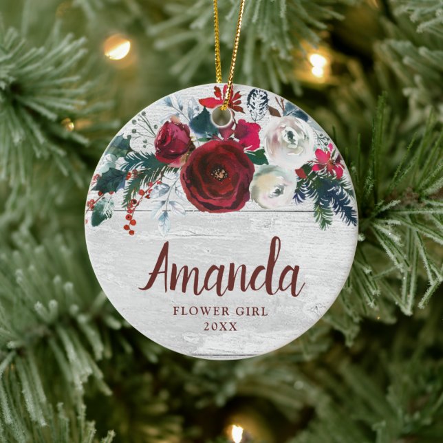 Flower Girl Personalised Burgundy Roses Christmas Ceramic Tree Decoration (Tree)