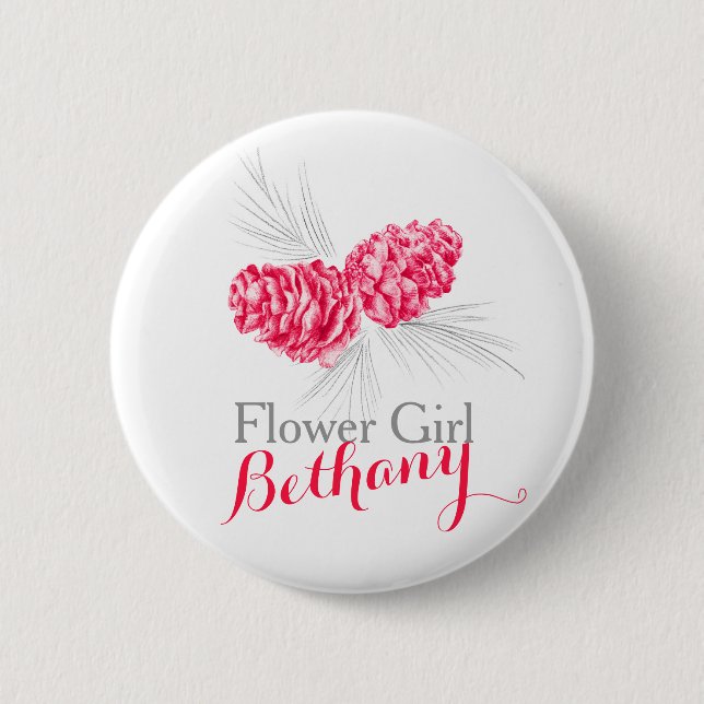 Flower girl pine cone red wedding pin button (Front)