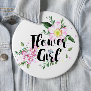Flower Girl Pink Floral Watercolor Wedding 6 Cm Round Badge