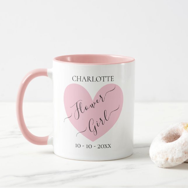 Flower Girl Pink Heart Bridal Party Personalised Mug (With Donut)