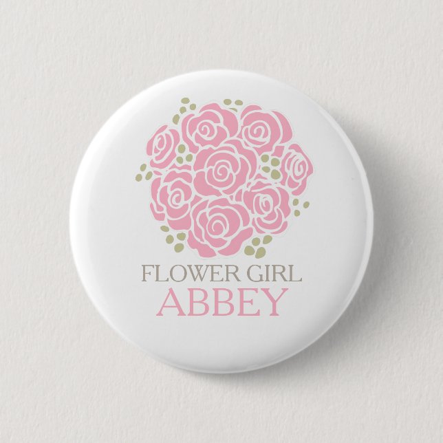 Flower girl pink posy named wedding pin button (Front)