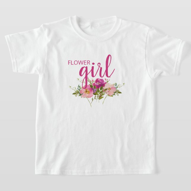 Flower Girl Pink Watercolor Floral Wedding T-Shirt (Laydown)