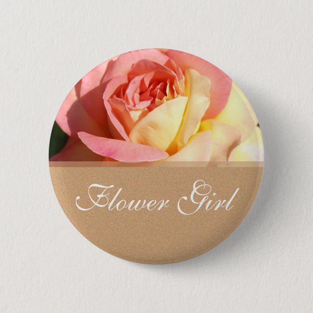 Flower girl pink yellow rose wedding name button. 6 cm round badge (Front)